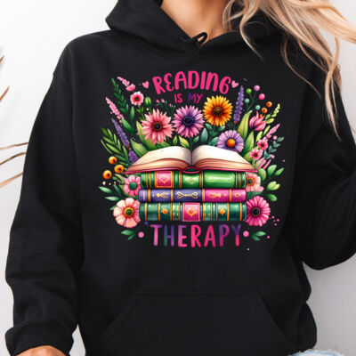 Reading Is My Therapy Pink Hoodie Thumbnail